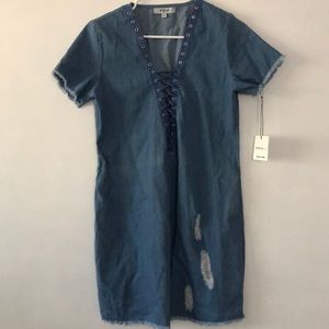 Distressed style denim dress shirt